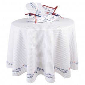 2SSF07 Tablecloth Ø 170 cm White Blue Cotton Fish Round Table Cover
