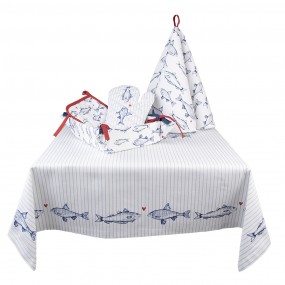2SSF15 Tablecloth 150x150 cm White Blue Cotton Fishes Square Table cloth