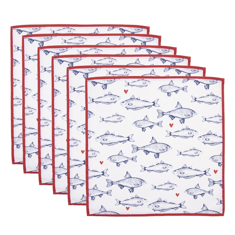 SSF43 Christmas Napkins Set of 6 40x40 cm White Blue Cotton Fishes Square Napkin Fabric