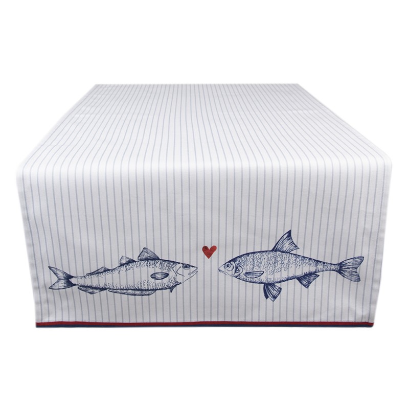 SSF64 Table Runner 50x140 cm White Blue Cotton Fishes Rectangle Tablecloth