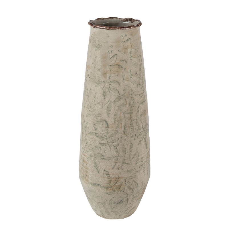 6CE1576L Vase Ø 14x40 cm Green Beige Ceramic Leaves Decorative Vase