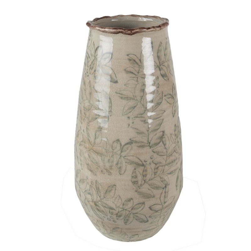 6CE1576M Vase Ø 15x30 cm Green Beige Ceramic Leaves Decorative Vase