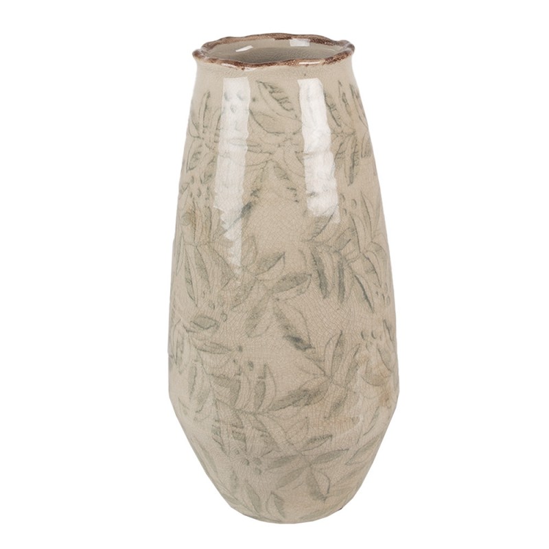 6CE1576S Vase Ø 13x26 cm Green Beige Ceramic Leaves Decorative Vase