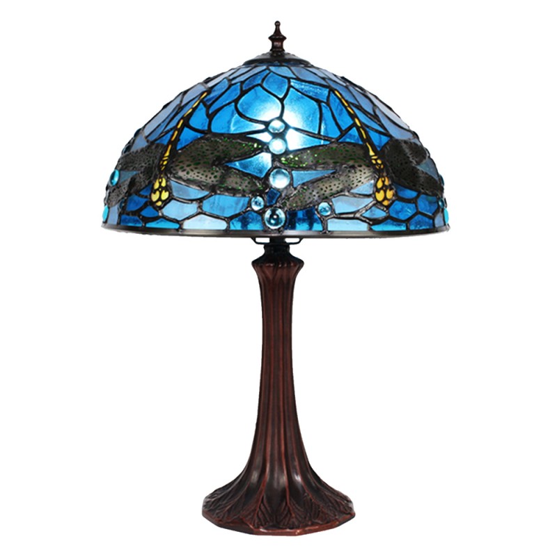 5LL-9335BL Tiffany Tafellamp  Ø 31x43 cm  Blauw Metaal Glas Libelle Tiffany Bureaulamp