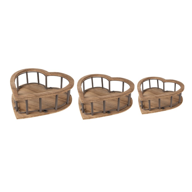 6H2230 Storage Basket Set of 3 Heart 33x33x10 Brown Wood Metal Heart-Shaped Basket