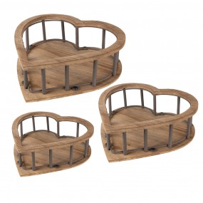26H2230 Baskets Set of 3 Heart 33x33x10 Brown Wood Metal Heart shape Basket