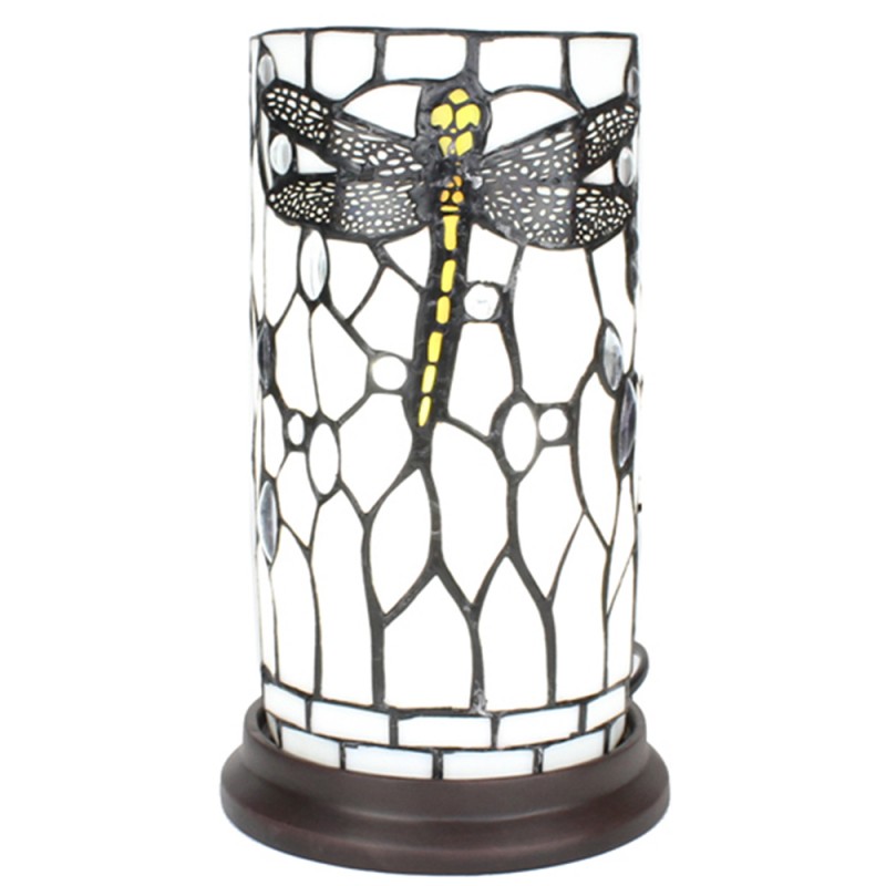 5LL-6302 Tiffany Tischlampe Ø 15x26 cm  Weiß Grau Glas Kunststoff Libelle Rund Schreibtischlampe Tiffany