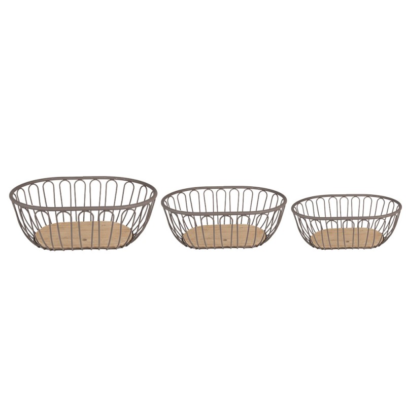 6Y5249 Storage Basket Set of 3 33x23x12 cm Grey Brown Iron Wood Oval Basket