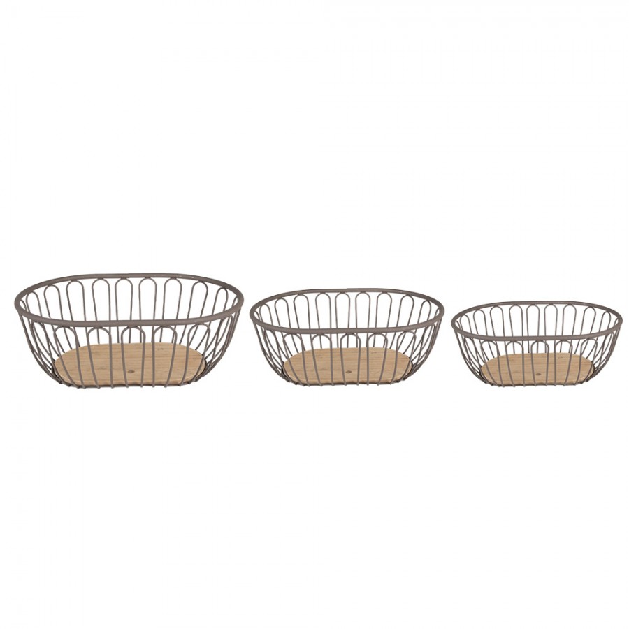 Y Panier De Rangement Set De X X Cm Gris Marron Fer Bois Ovale Panier