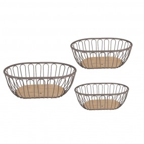 26Y5249 Storage Basket Set of 3 33x23x12 cm Grey Brown Iron Wood Oval Basket