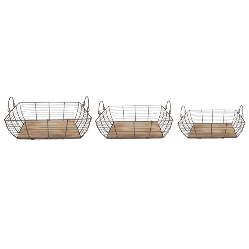 6Y5250 Storage Basket Set of 3 35x25x11 cm Grey Brown Iron Wood Basket