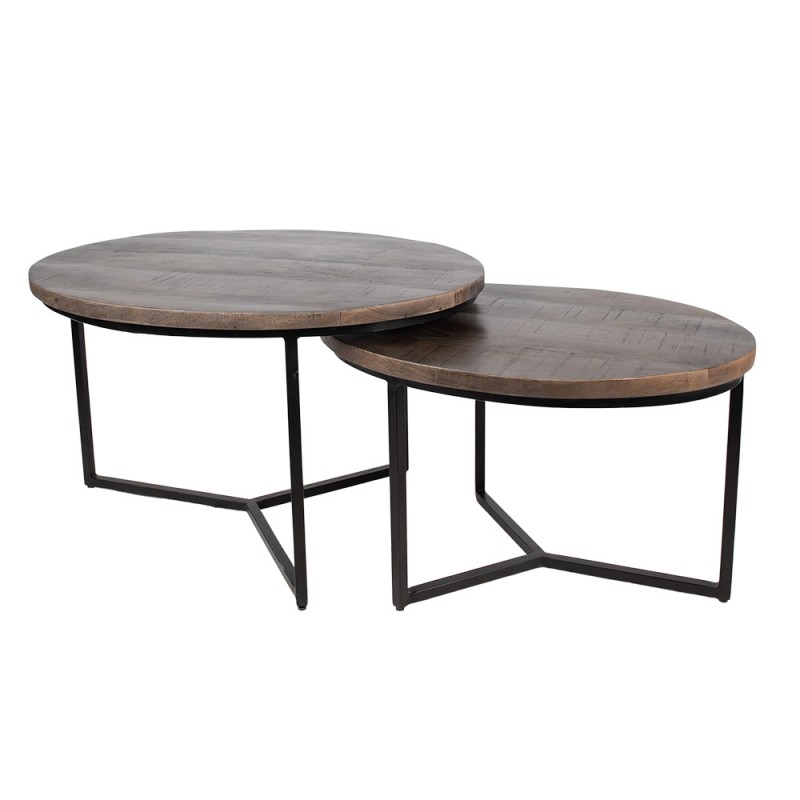 50734 Oval Coffee Table Set of 2 86x67x50 cm Grey Wood Iron Oval Side Table