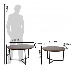 250734 Table basse ovale set de 2 86x67x50 cm Gris Bois Fer Ovale Table d'appoint