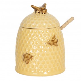 26CE1147 Honey Pot with Spoon Ø 11x14 cm Yellow Ceramic Bees Round Storage Jar Lid