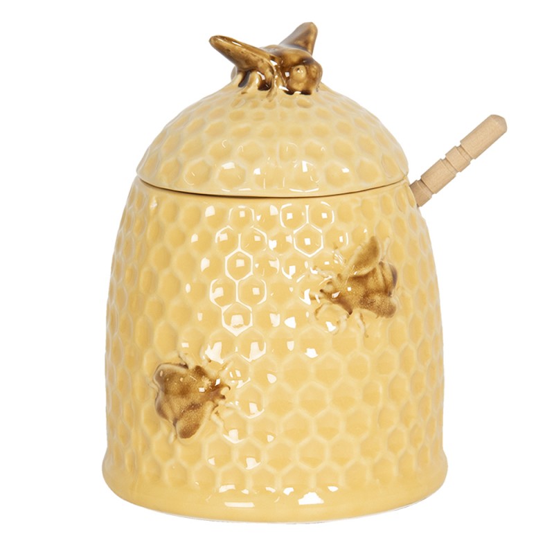 6CE1147 Honey Pot with Spoon Ø 11x14 cm Yellow Ceramic Bees Round Storage Jar Lid