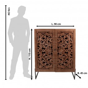 25H0646 Wall Cabinet 90x45x115 cm Brown Wood Flowers Rectangle Storage Cabinet