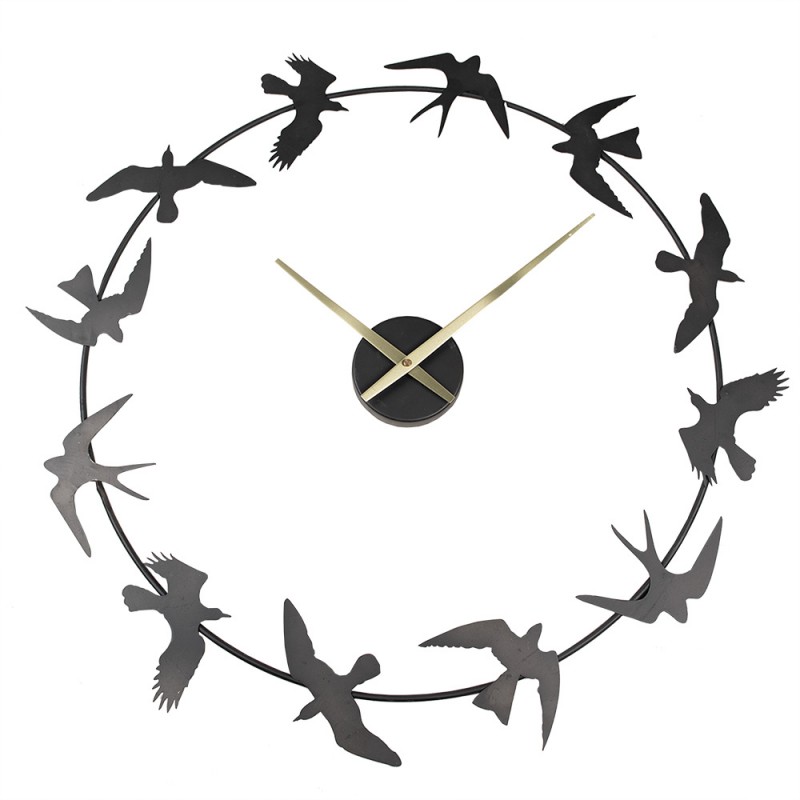 5KL0227 Wall Clock 69x66 cm  Black Iron Birds Round Hanging Clock