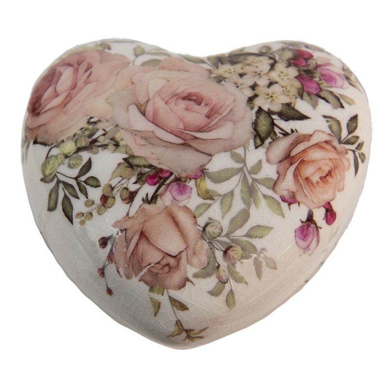 6CE1414 Décoration Coeur 11x11x4 cm Blanc Rose Céramique Fleurs En forme de coeur