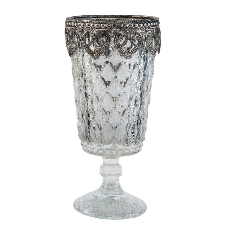 6GL1852 Teelichthalter Ø 8x16 cm Silberfarbig Glas Metall Halter für Teelicht