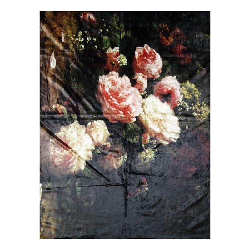 KT060.097 Plaid  130x170 cm Zwart Roze Polyester Bloemen Rechthoek Deken