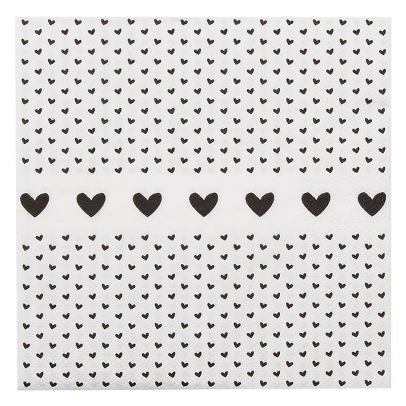 LBS73 Napkins Paper Set of 20 33x33 cm (20) White Black Paper Hearts Square Paper Napkins