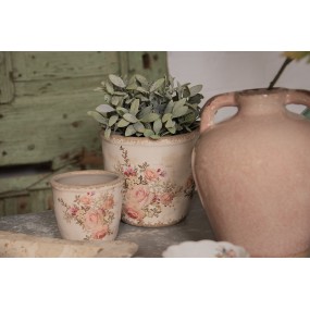 26CE1421S Planter Ø 11x10 cm Pink Beige Ceramic Flowers Round Indoor Planter