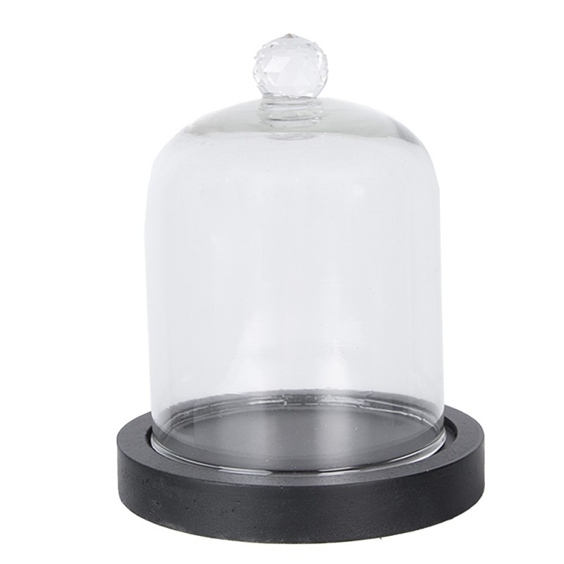 6GL4038 Cloche Ø 10x14 cm Black Wood Glass Round Glass Bell Jar