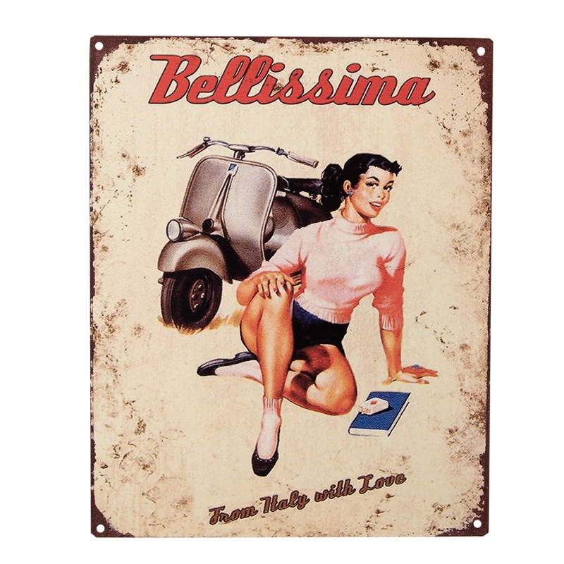 6Y5126 Plaque de texte 20x25 cm Beige Fer Femme avec scooter Plaque murale