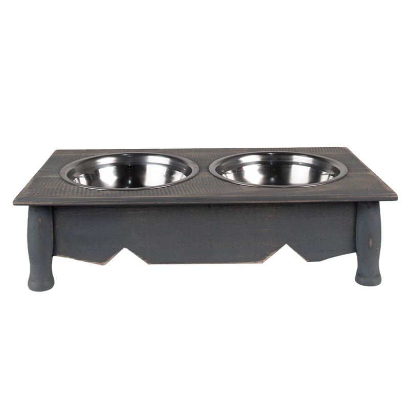 6H0769G Dog Bowl 2x500 ml Grey Wood Iron Rectangle Cat Bowl