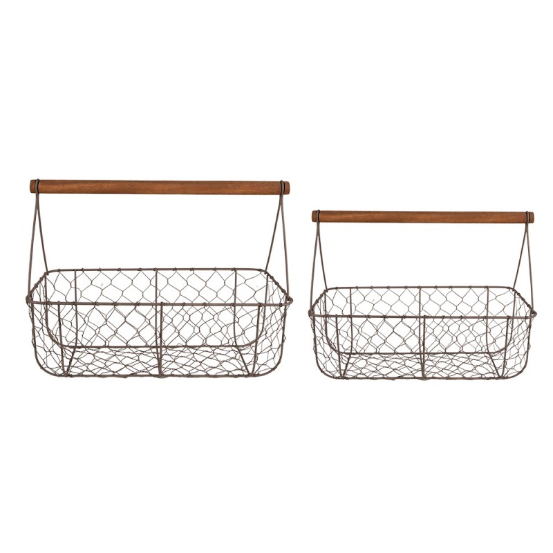 6Y5259 Storage Basket Set of 2 36x17x12/27 cm Brown Iron Wood Rectangle Basket
