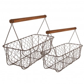 26Y5259 Storage Basket Set of 2 36x17x12/27 cm Brown Iron Wood Rectangle Basket