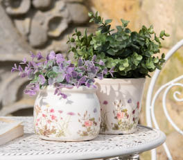 An idyllic and sunny setting with two flower pots on a wooden surface, in front of a window with a weathered appearance. The pots have a vintage design with a cream base and a flower pattern featuring roses in pink and green hues. The light shining through the window gives the scene a warm and inviting atmosphere. The setting exudes rustic charm, and it appears to be a part of a rural interior.