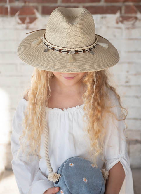 A girl with long, wavy blonde hair, seen from the neck up. She wears a wide-brimmed, beige straw hat adorned with a stylish ribbon featuring feathers and beads. The hat casts a soft shadow over her face, obscuring it partially. She holds a denim shoulder bag with details of small, light flowers on it. The overall vibe exudes a bohemian and summery style, and the girl appears to be posing against a rustic backdrop of white brick, evoking a relaxed and fashionable atmosphere.