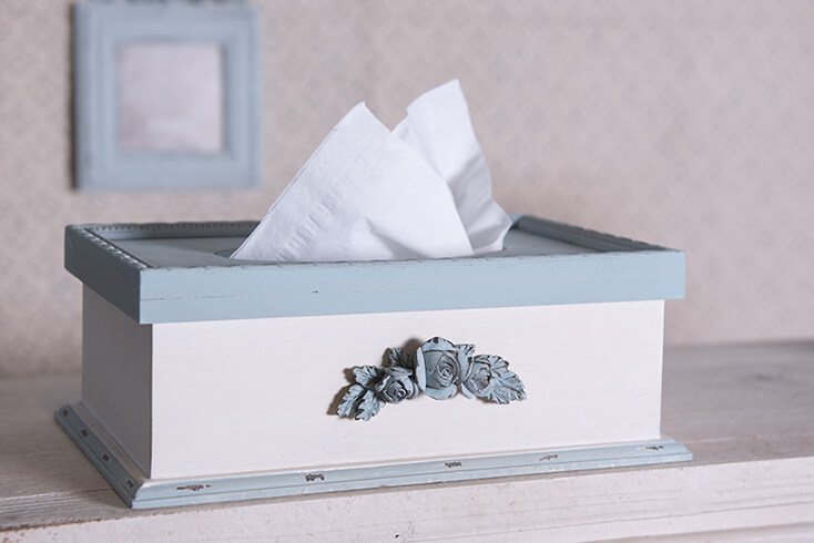 A white tissue box with blue edges and pink rosework on the front