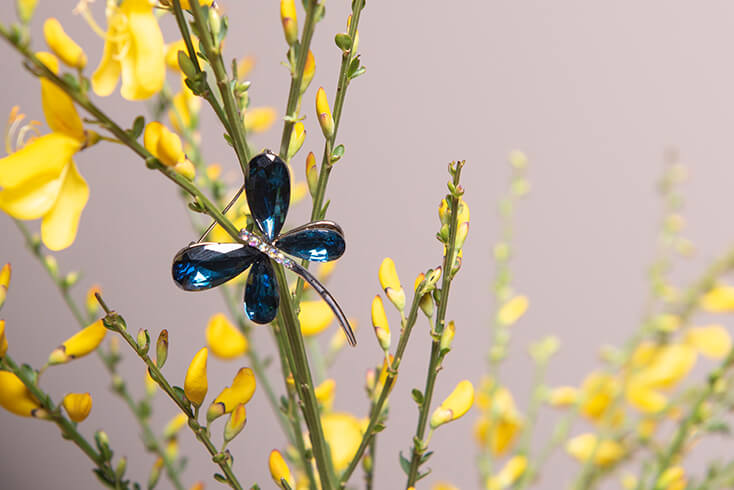 A dragonfly brooch with blue wings hanging on a branch