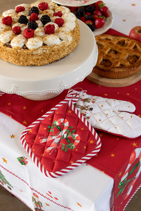 A Christmas red children's pot holder and Christmas white children's oven mitt