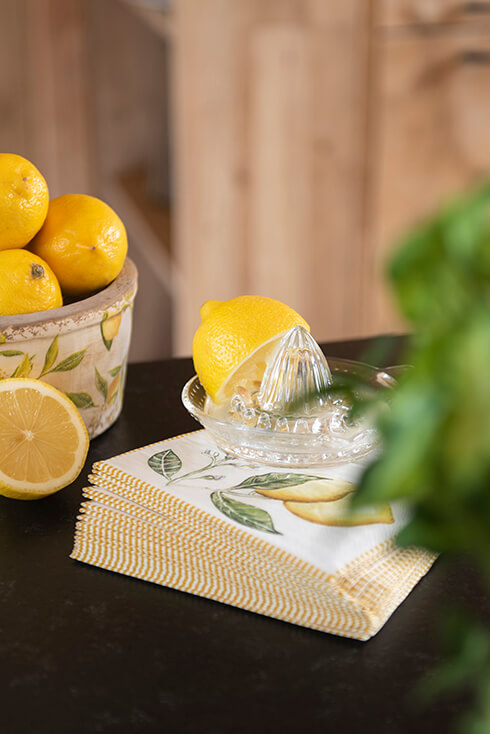 Een papieren citroenen servet met een glazen citroenpers