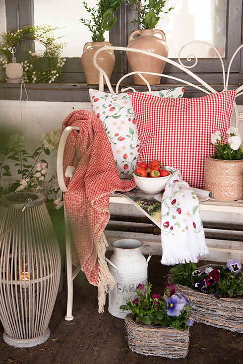 Un bidon de lait rustique avec un banc de jardin blanc et dessus, des coussins décoratifs, un plaid, une serviette et un bol de fraises