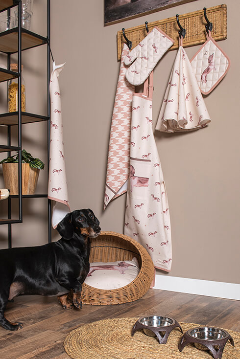 Un bassotto nero in piedi di fronte a un letto per cane con un cuscino decorativo per bassotto al suo interno