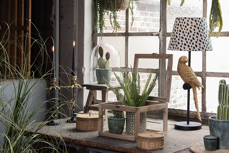A botanical interior style with flower pots, baskets, candle holders, and a parrot table lamp with a polka dot lampshade