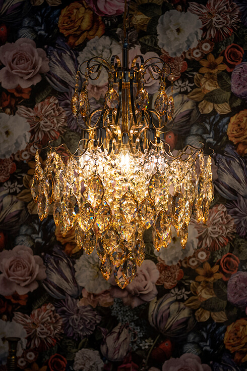 A classic chandelier with glass crystals