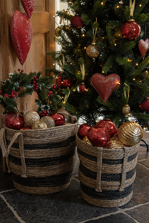 Two baskets with Christmas ornaments for a Christmas tree