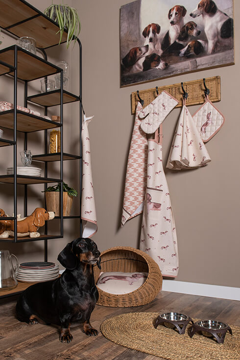 A dachshund with feeding bowls, a cabinet with glasses and plates, and a coat rack with aprons, a pot holder, and an oven mitt, and above it a painting of dogs