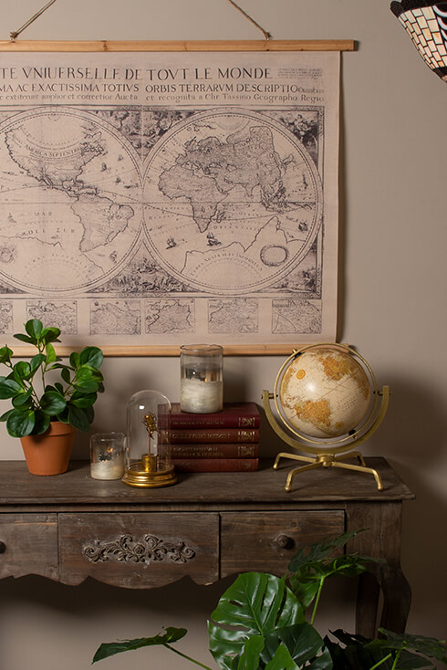 Une armoire avec un pot de fleurs, un globe terrestre, des livres, une cloche en verre et contre le mur est accroché un tapis mural