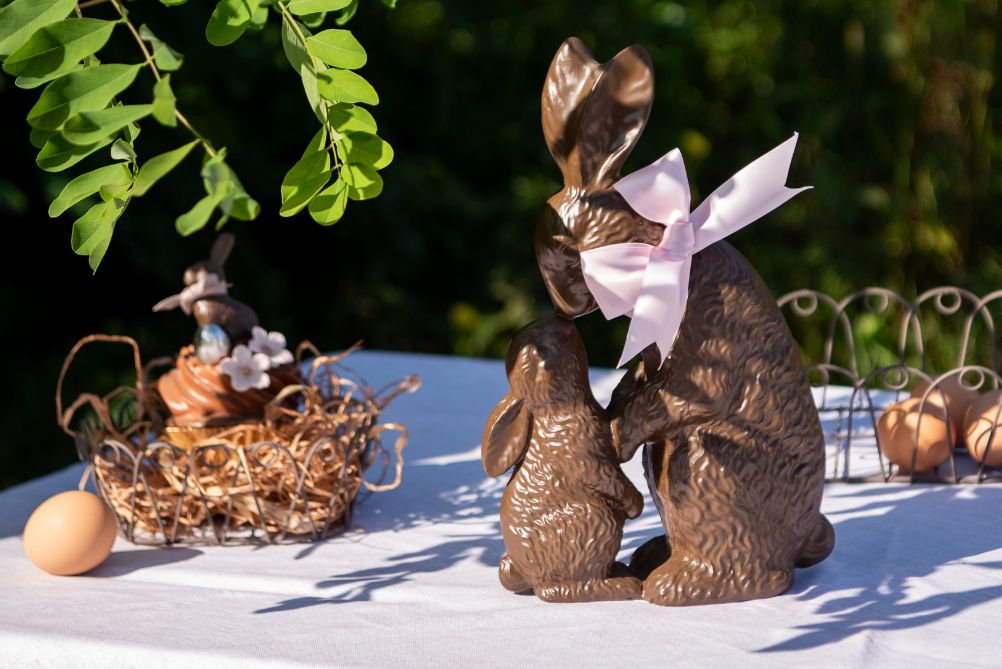 Das Foto zeigt eine charmante Osterdekoration, bestehend aus zwei anmutigen Porzellanhäschenfiguren, gekleidet in Pastellfarben - eines in einem hellgrünen Westchen und einer Schleife und das andere in einem bezaubernden rosa Kleid mit einer passenden Handtasche. Neben ihnen steht eine große, cremefarbene Kanne mit einem feinen Blumenmuster, das den Frühling symbolisiert. Die Hasen und die Kanne sind auf einem rustikalen Holzuntergrund platziert, der das natürliche Thema ergänzt. Die Szene ist mit verschiedenen Frühlingsblumen und Zweigen bereichert, die sowohl subtil als auch farbenfroh sind, darunter rosa Knospen und zarte rosa Blüten, die ringsum verstreut sind und eine sanfte und festliche Atmosphäre schaffen. Das Ganze strahlt ein Gefühl von Gelassenheit und der Feier des Frühlings aus.